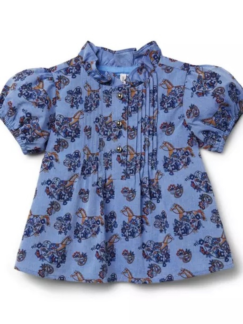 Janie and Jack Blue Floral & Horse Print Puff Sleeve Blouse